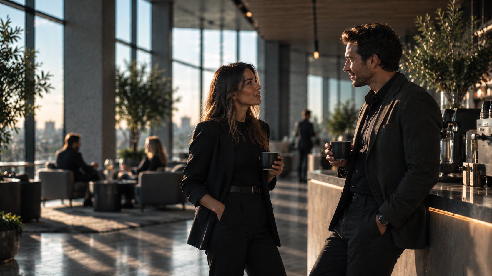 Two colleagues talking over coffee by an office bar