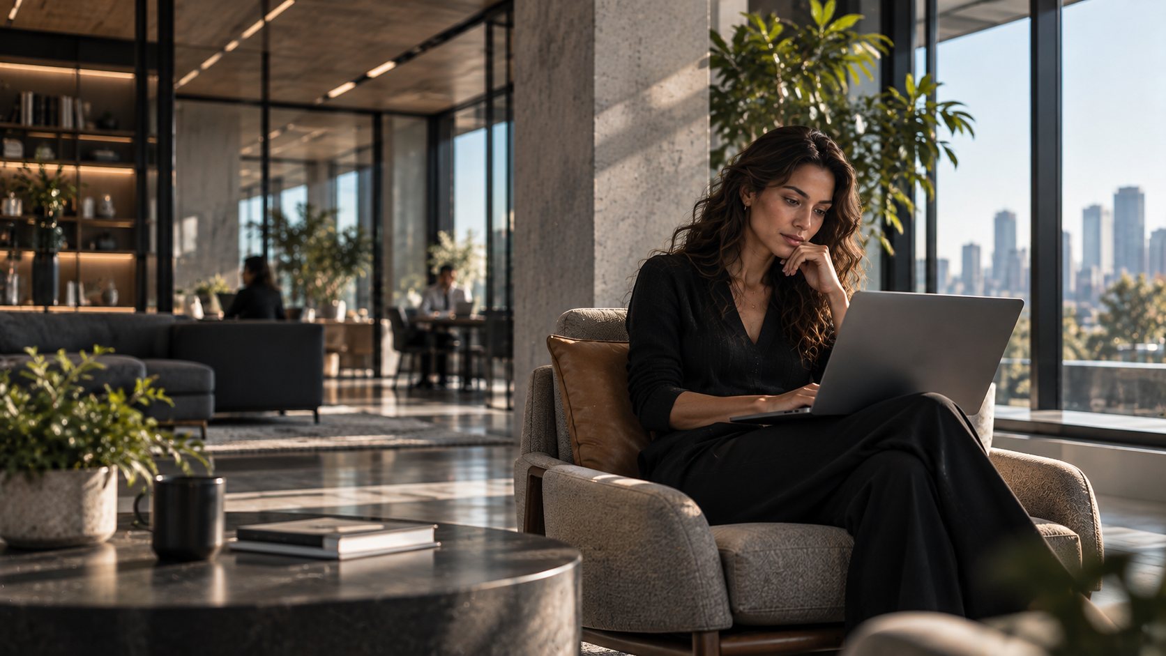 A woman working on a laptop in an armchair by the window