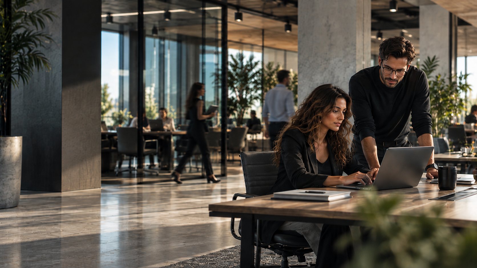 Two colleagues working through something together at a laptop